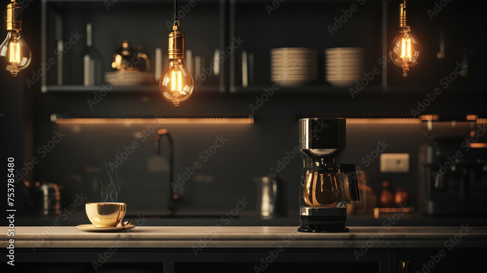 a coffee maker sitting on top of a counter next to a cup of coffee and a light bulb hanging from the ceiling. a coffee maker sitting on top of a counter next to a cup of coffee and a light bulb hanging from the ceiling.