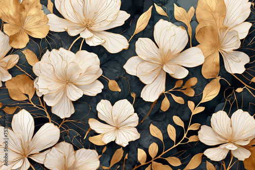 Seamless watercolor floral pattern with golden flowers and leaves on a dark blue background.