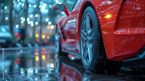 Red Sports Car in Nighttime City Lights