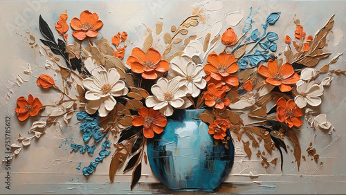 Painting of flowers in a blue vase on the wall.