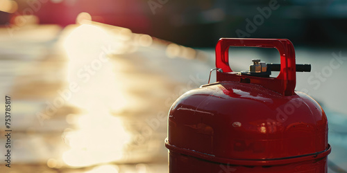 Red Gas can on a simple Background with copy space. Close-up view of gasoline metallic container with a handle and valve. photo