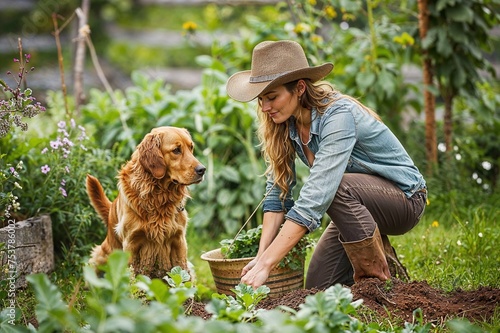 Im Einklang mit der Natur: Frau pflegt ihren Garten mit Eigenanbau von Gemüse und Obst photo