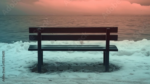 a bench sitting on top of snow covered ground next to a body of water with a sunset in the background. photo