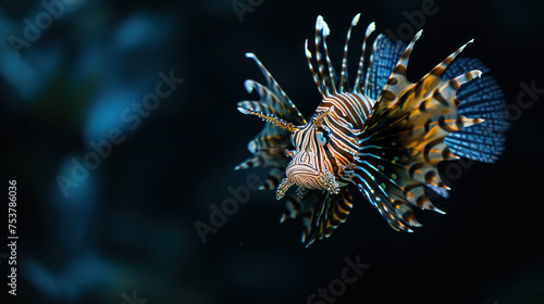 a close up of a lionfish on a black background with a blurry image of a fish in the background. © Liel