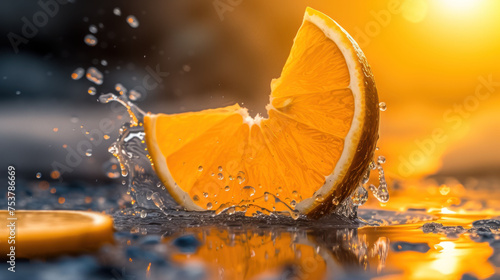 a close up of an orange slice with water splashing on it and the sun shining in the back ground. photo