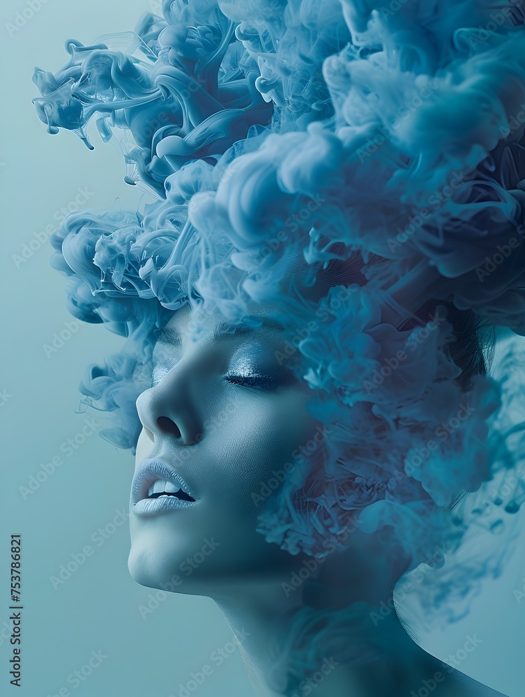 Surreal Womans Head with Blue Smoke and Clouds, To evoke a sense of wonder and imagination, this piece is perfect for creating a surreal and