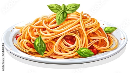 A plate of spaghetti with marinara sauce and basil leaves, on white