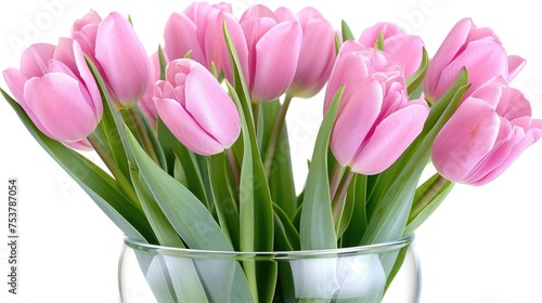 a glass vase filled with pink tulips on top of a white table next to a vase filled with green leaves. photo