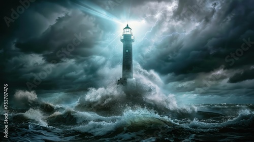 Dramatic Lighthouse Standing Resilient Amidst Turbulent Stormy Seas © Jinny787