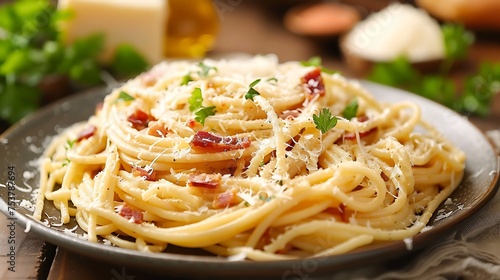 A plate of spaghetti carbonara with crispy bacon and Parmesan cheese