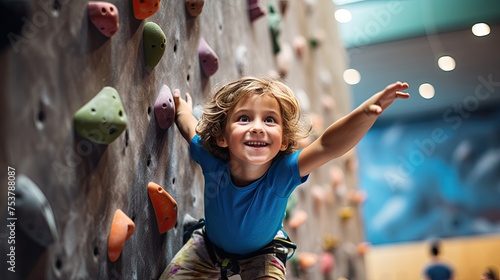 little child rock climbing at indoor gym, photo