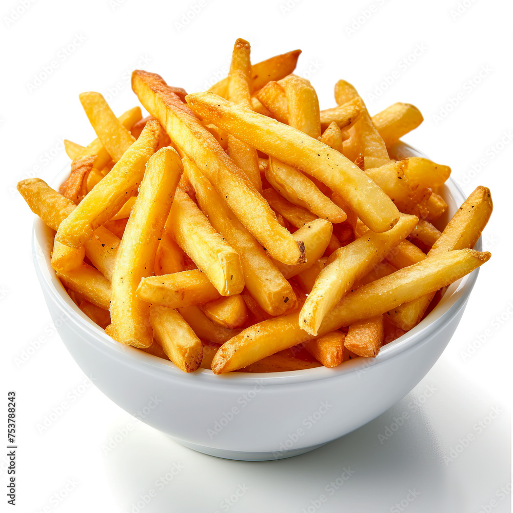 Crispy Home-Style Fries on White Background, Captured from the Front, Photography Masterpiece created with Generative AI technology Crispy Home-Style Fries on White Background, Captured from the Front, Photography Masterpiece created with Generative AI technology