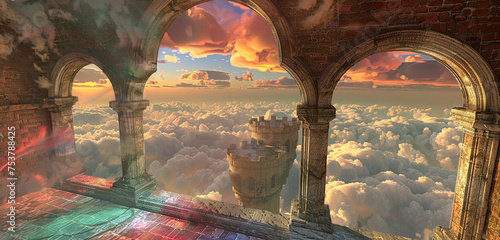 A floating castle's window, showing a view of the cloud bridges photo