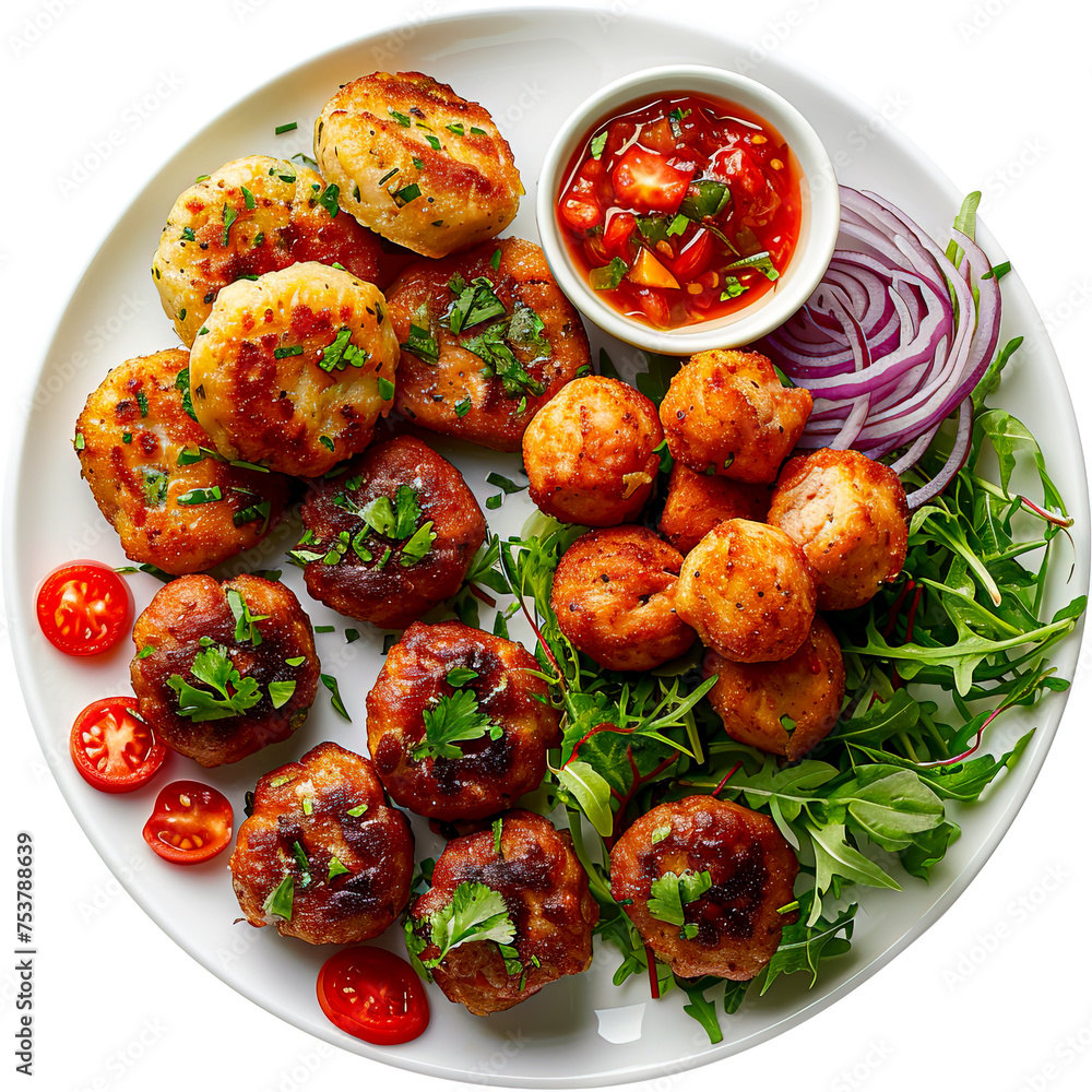 Delicious Kofta, Nuggets, and Chicken Cutlets Platter with Fresh Salad - created with Generative AI technology Delicious Kofta, Nuggets, and Chicken Cutlets Platter with Fresh Salad - created with Generative AI technology