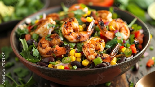 Southwestern Black Bean and Corn Salad with Grilled Shrimp. Food Illustration