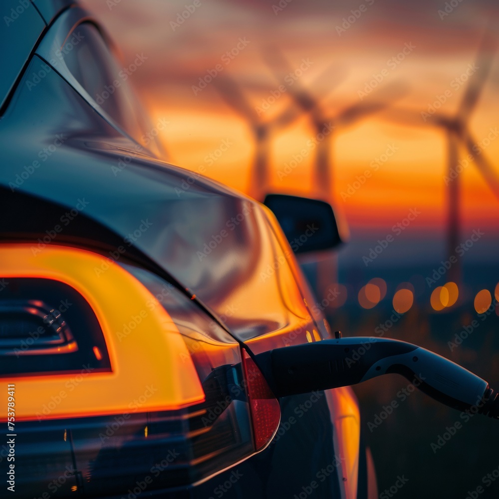 Electric car charging on wind turbines background with sunset view of EV charging station for electric car, future sustainable energy concept. Electric car charging on wind turbines background with sunset view of EV charging station for electric car, future sustainable energy concept.