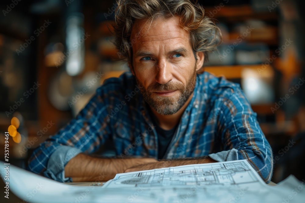 Engrossed architect intently reviews complex blueprints, suggesting deep concentration and professional expertise Engrossed architect intently reviews complex blueprints, suggesting deep concentration and professional expertise