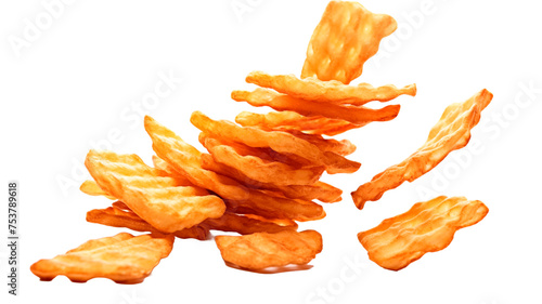 Flying crispy potato waffles fries, wavy, crinkle cut, criss cross fries isolated on transparent  white background.
 photo