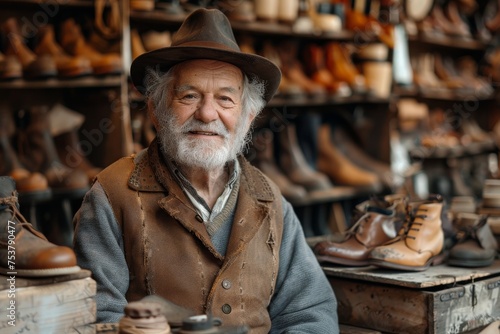 Wallpaper Mural A senior shoemaker with a beard sits among handmade leather shoes in his traditional shoemaking shop Torontodigital.ca