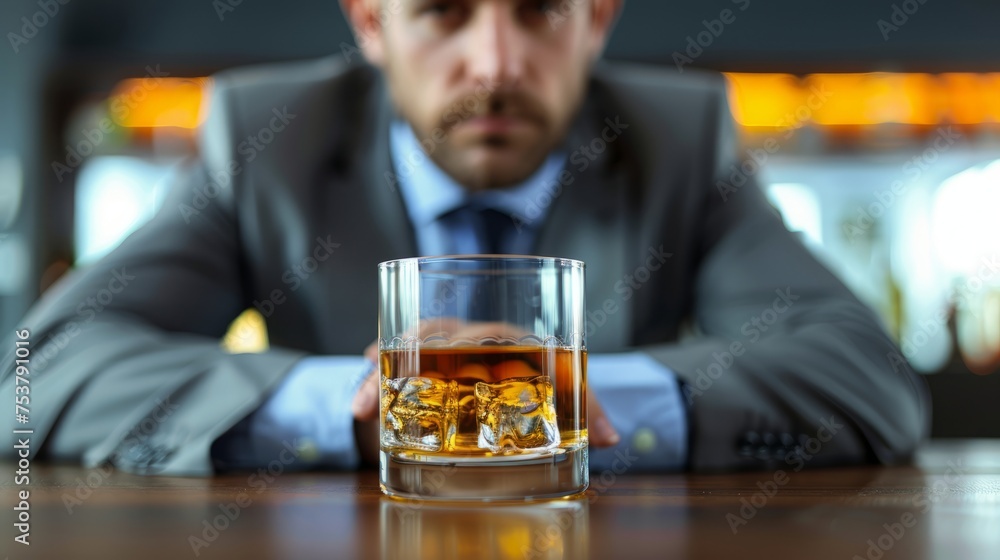 Close-up man stop alcohol, Man's hand gesturing 'no' to a glass of whiskey. alcoholism treatment, alcohol addiction, quit booze, Stop Drinking Alcohol. unhealthy, alcohol rejection