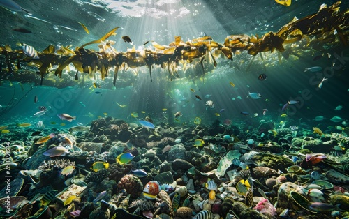Marine animals live on plastic waste under the sea.