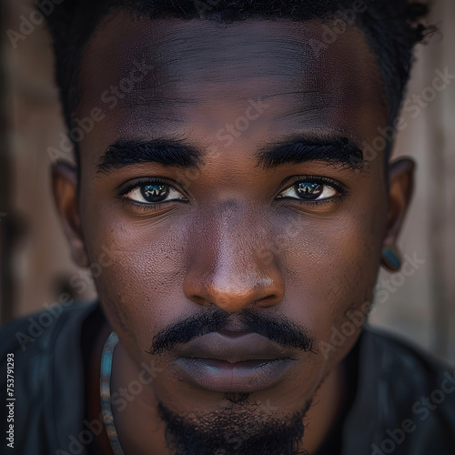 Portrait of a young black man with a moustache. Looking at the camera