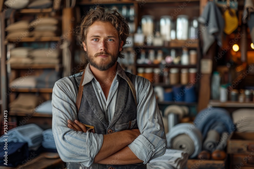 Thoughtful bearded man wearing a vest folding his arms in a traditional tailoring workshop Thoughtful bearded man wearing a vest folding his arms in a traditional tailoring workshop