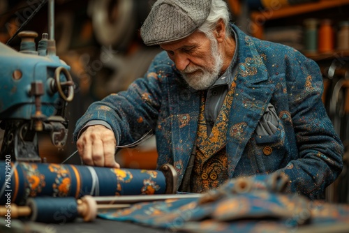An aged craftsman meticulously sews patterned fabric, surrounded by the tools of his trade in his workshop