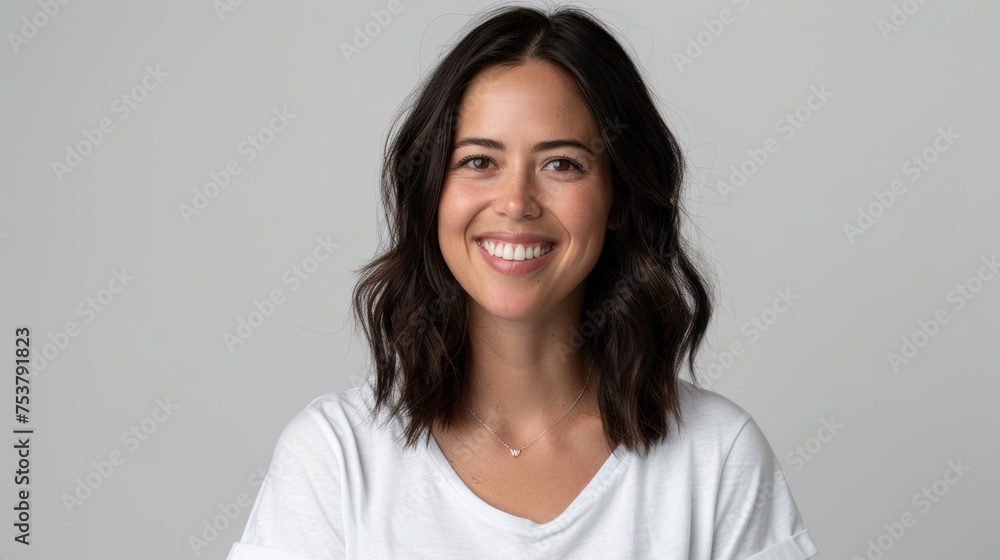 Smiling brunette woman in white t-shirt on white background. Smiling brunette woman in white t-shirt on white background.