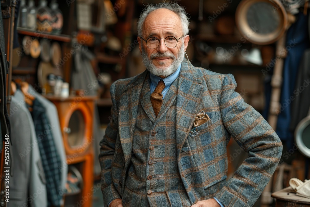 Portrait of a cheerful middle-aged tailor wearing a navy plaid blazer in a vintage workshop