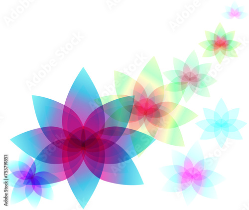 line composition of colorful flowers in various gradient tones, green blue pink yellow