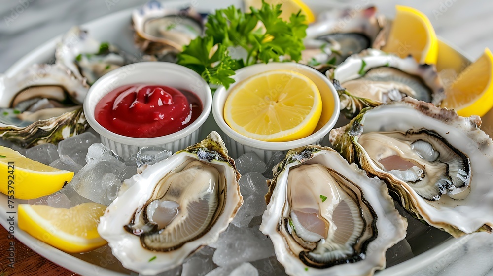 A plate of freshly shucked oysters served with lemon wedges and mignonette sauce