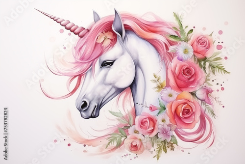 watercolor painting the portrait of pink unicorn decorated with floral isolate on clean white background