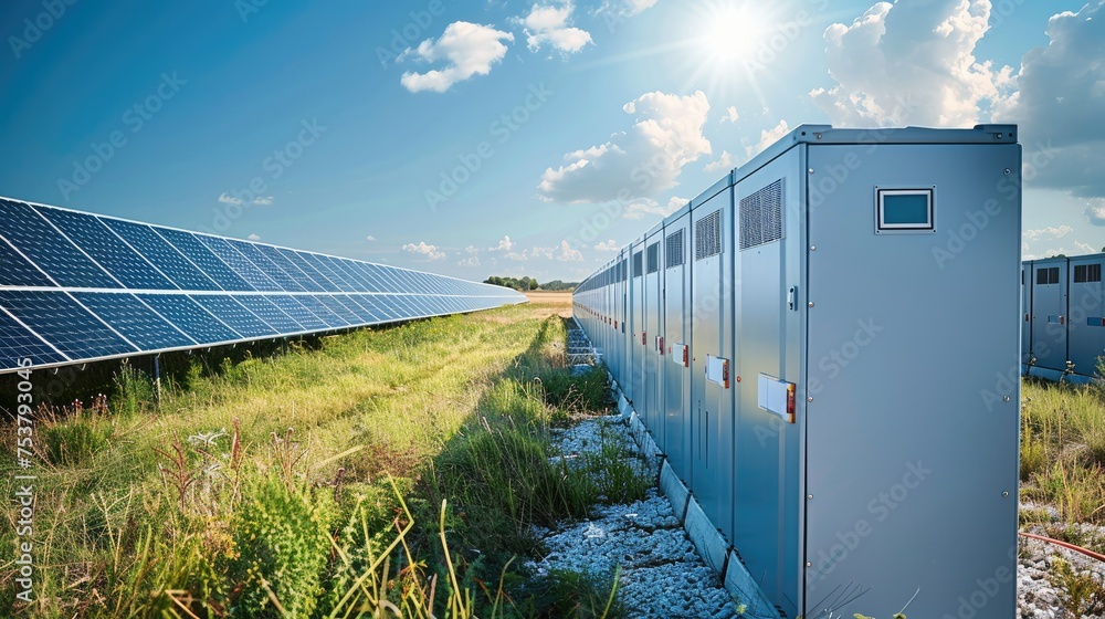 Battery storage system next to a photovoltaic power plant. Generative AI. - obrazy, fototapety, plakaty 