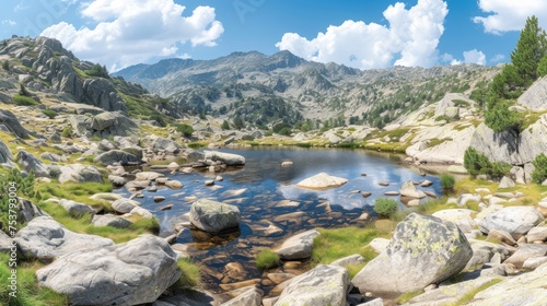 a lake surrounded by rocks and grass in the middle of a rocky area with mountains in the background and clouds in the sky.