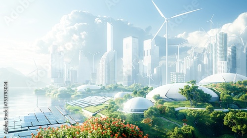 Wind turbines elegantly integrated into the city architecture, solar panels covering the rooftops of buildings, and public spaces powered by renewable energy sources. Generative AI. photo
