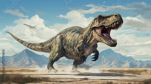 A dinosaur is running through the desert
