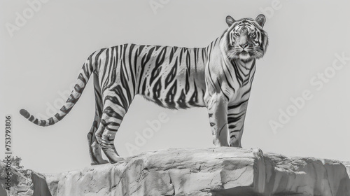 a black and white photo of a tiger standing on top of a rocky outcrop with a sky background.