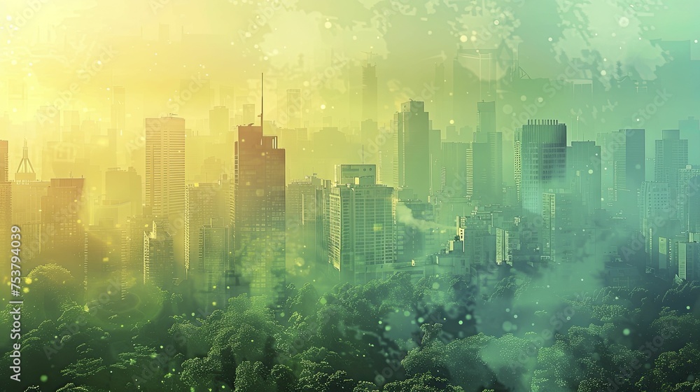 A cityscape graphic illustrates urban greenhouse gas impact with green and smog overlays.