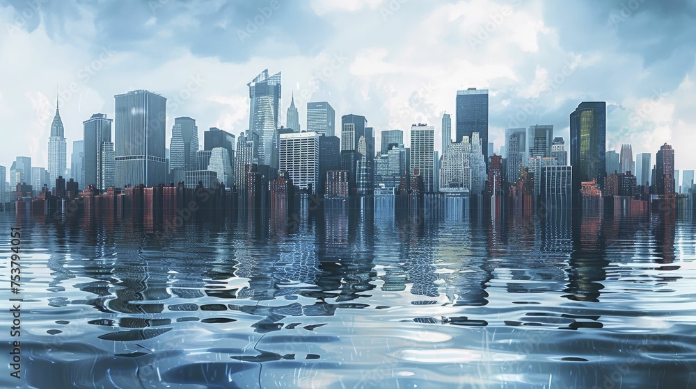 Fototapeta premium A cityscape digital graphic portrays rising sea levels, showing the danger of flooding from global warming.
