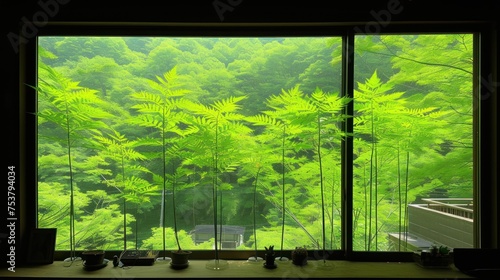 a window with a view of a lush green forest in front of a window sill with a bench in front of it. photo