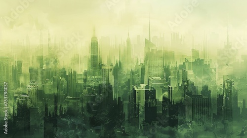 A cityscape digital graphic with green and smoggy overlays shows urban impact on greenhouse gases.