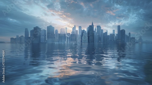 A cityscape graphic shows rising sea levels  highlighting the flood threat from global warming.