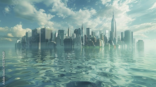 A cityscape digital graphic shows rising sea levels, highlighting the flood threat from global warming. photo