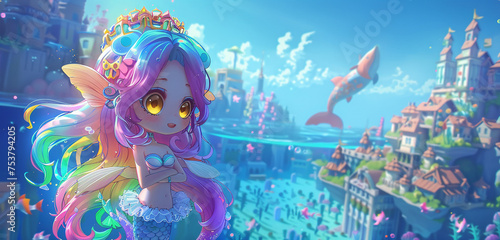 An HD 4D image of a chibi girl with rainbow hair