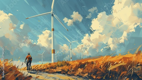 cyclist riding past a row of wind turbines, blending recreation with renewable energy landscapes. photo