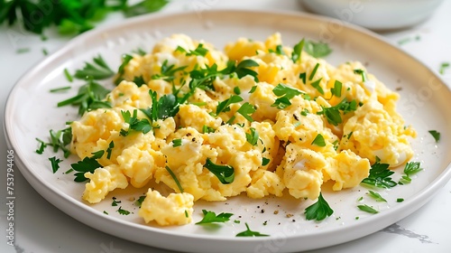 A plate of fluffy scrambled eggs with herbs, on white