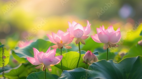 a group of pink flowers sitting on top of a lush green leaf covered field of waterlily green leaves.