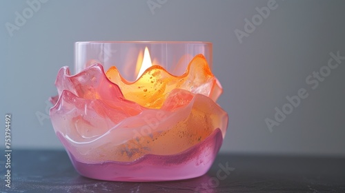 a close up of a candle in a glass with a light coming out of the top of the candle holder. photo