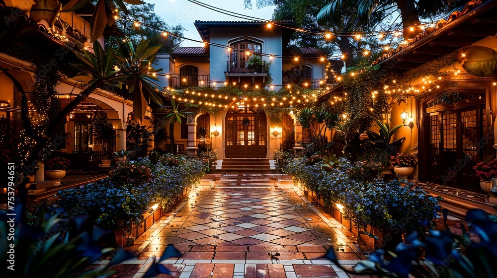 Night view with warm lighting atmosphere, garden, villa, courtyard. Generative AI. Night view with warm lighting atmosphere, garden, villa, courtyard. Generative AI.